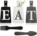 Wooden Kitchen Wall Decor Set 'EAT' with Fork and Spoon - Black, White, Gray