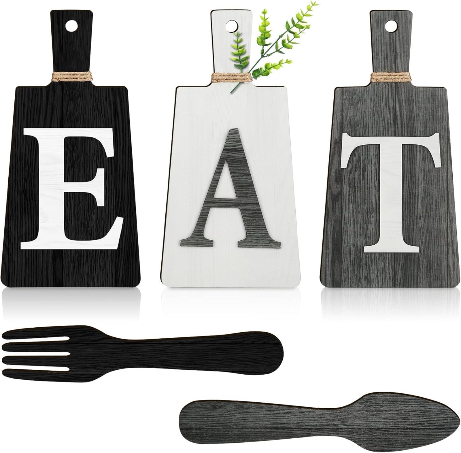 Wooden Kitchen Wall Decor Set 'EAT' with Fork and Spoon - Black, White, Gray