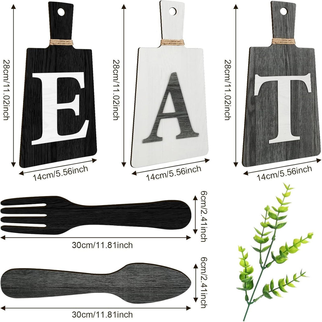 Wooden Kitchen Wall Decor Set 'EAT' with Fork and Spoon - Black, White, Gray