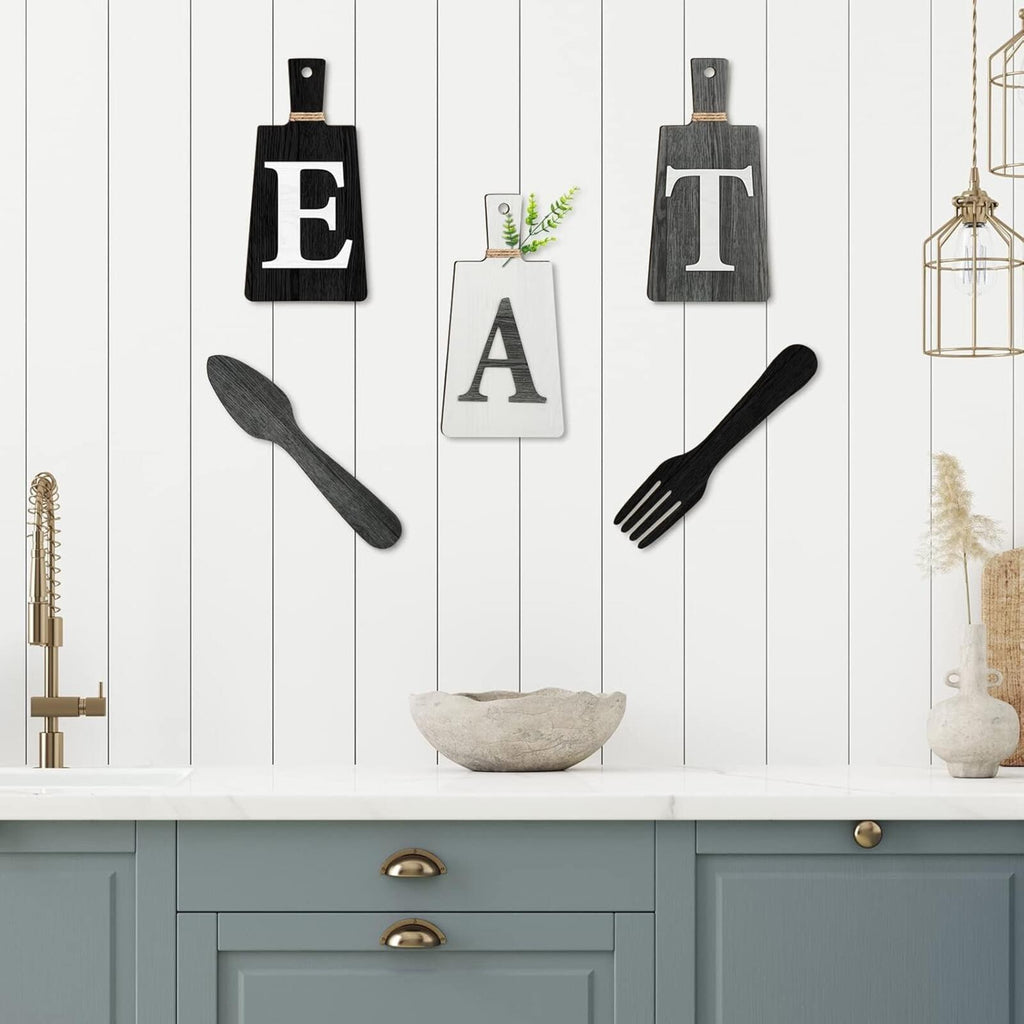 Wooden Kitchen Wall Decor Set 'EAT' with Fork and Spoon - Black, White, Gray