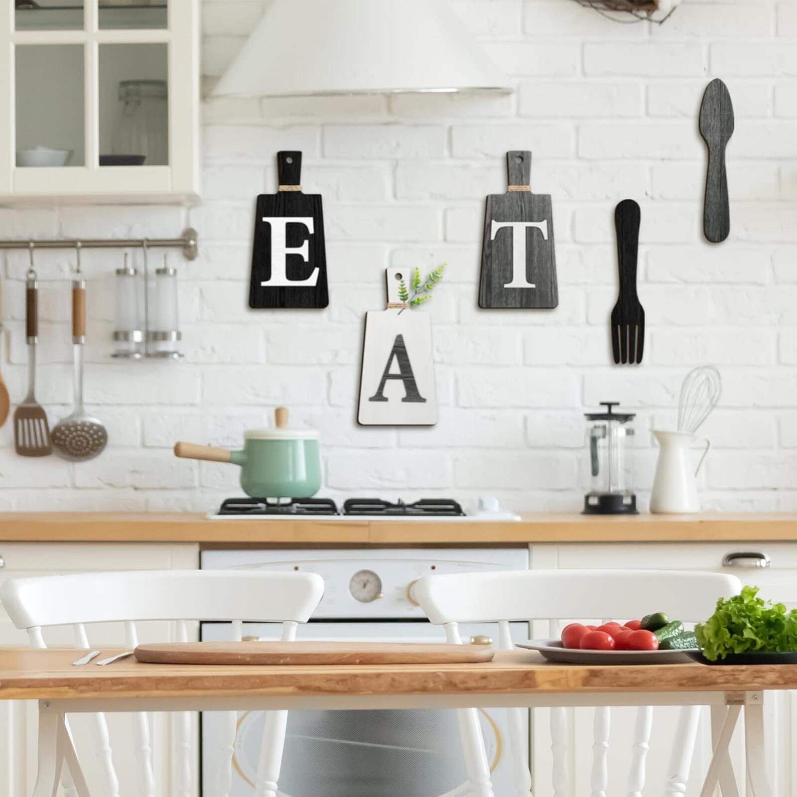 Wooden Kitchen Wall Decor Set 'EAT' with Fork and Spoon - Black, White, Gray
