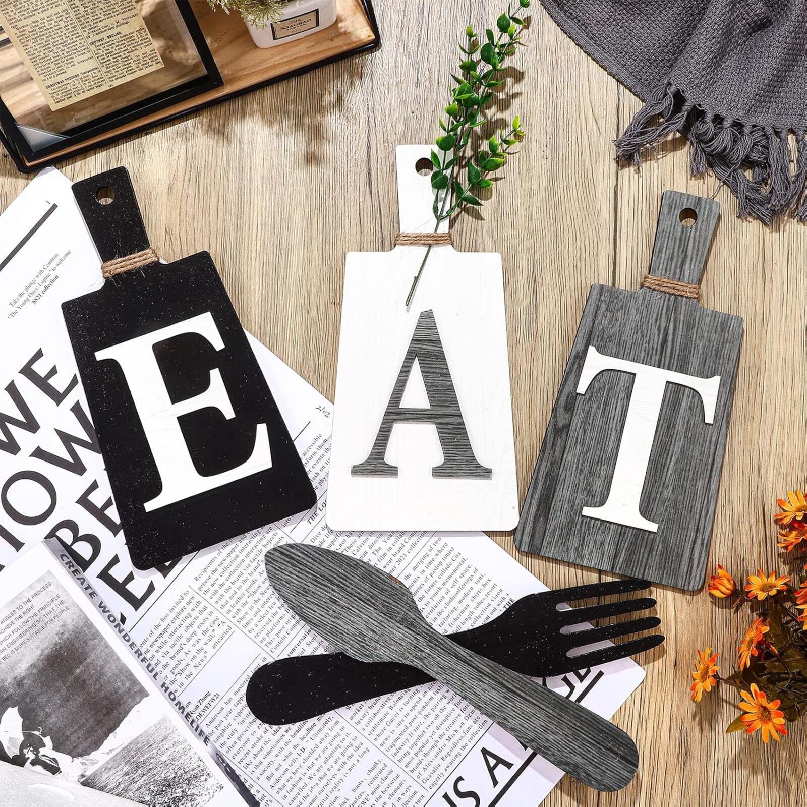 Wooden Kitchen Wall Decor Set 'EAT' with Fork and Spoon - Black, White, Gray