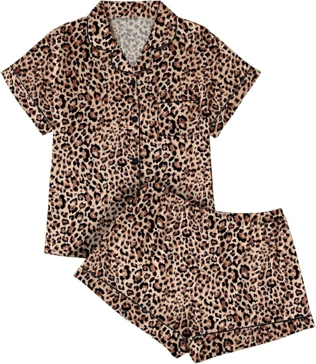 Leopard Print Short Sleeve Pajama Set - Soft Lightweight Sleepwear, Size S