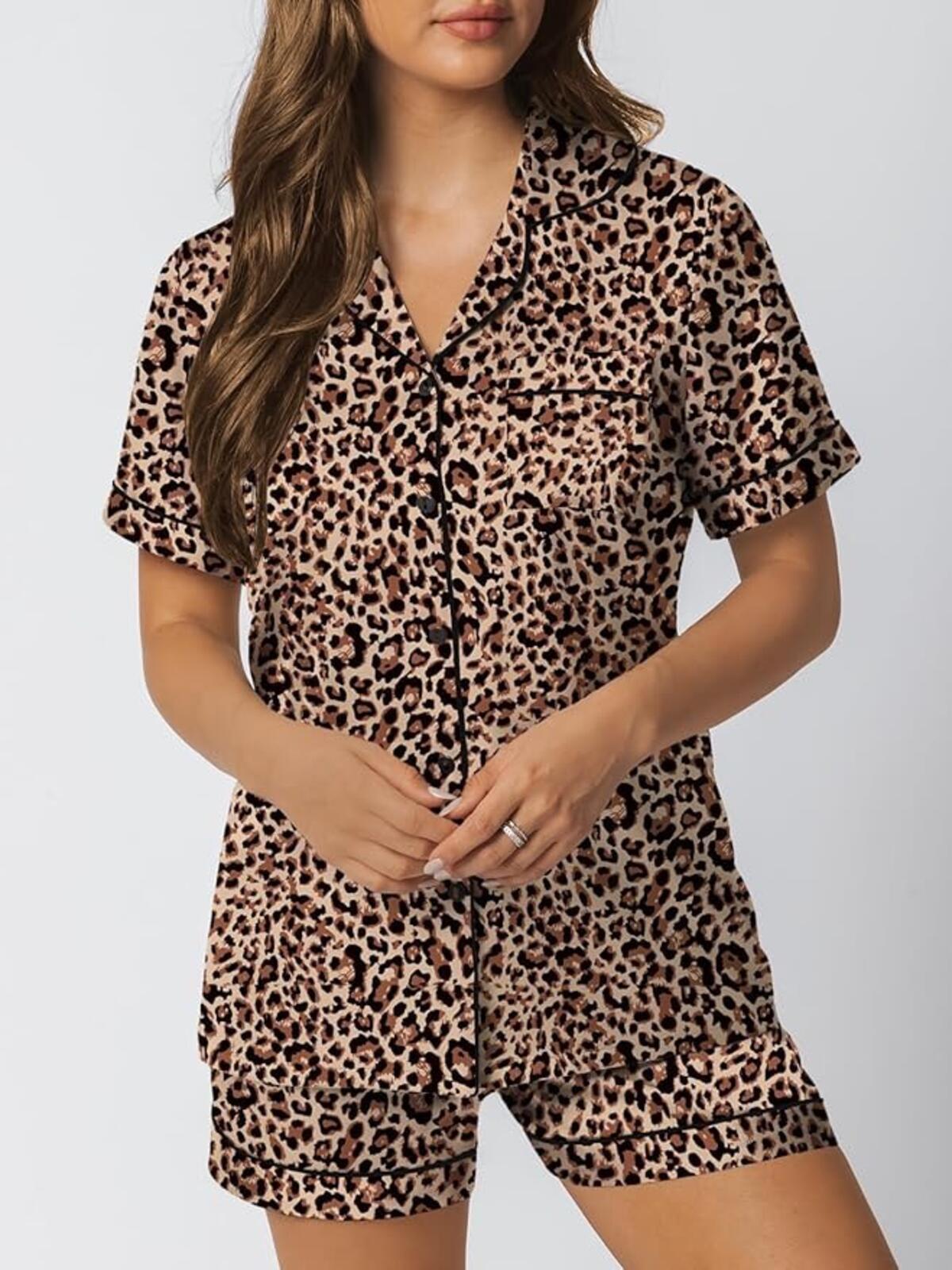 Leopard Print Short Sleeve Pajama Set - Soft Lightweight Sleepwear, Size S