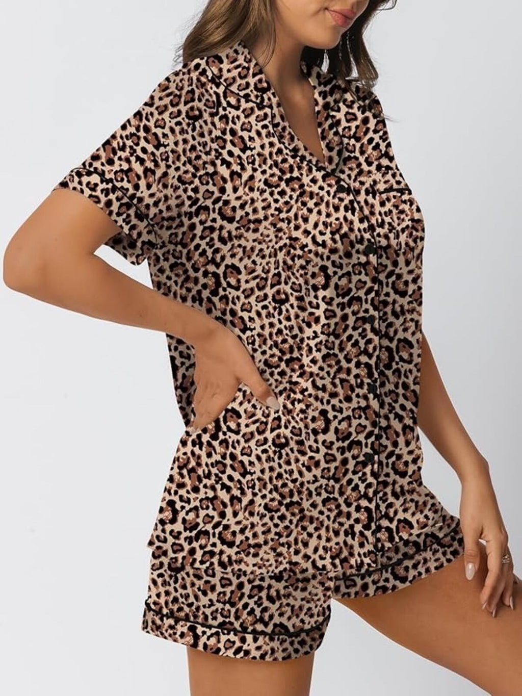 Leopard Print Short Sleeve Pajama Set - Soft Lightweight Sleepwear, Size S