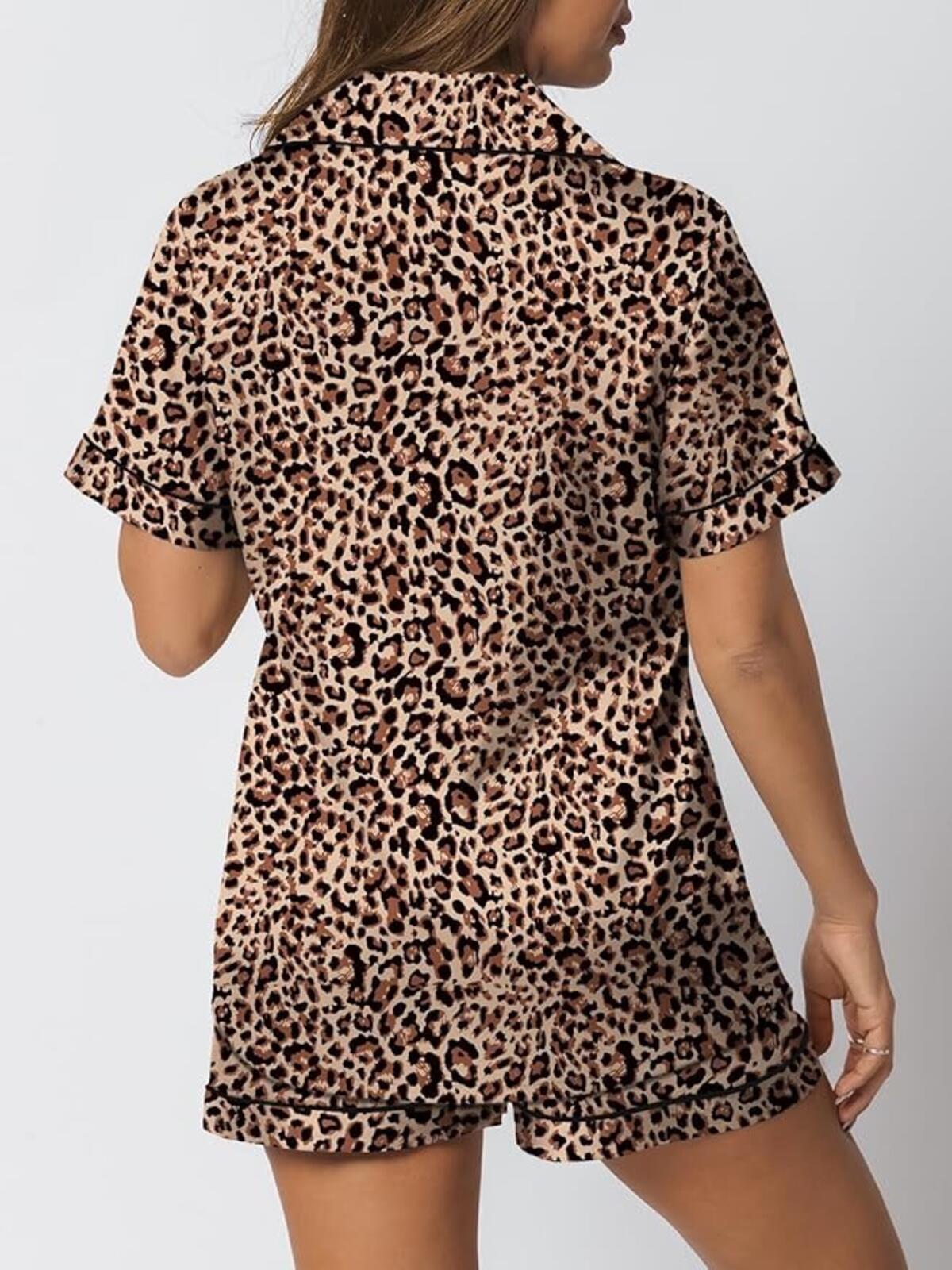 Leopard Print Short Sleeve Pajama Set - Soft Lightweight Sleepwear, Size S