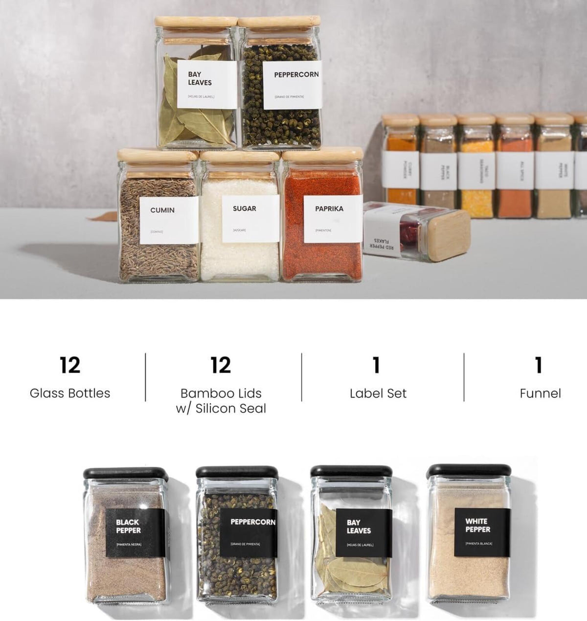 APT 1101 square glass spice jars with bamboo lids, set of 12
