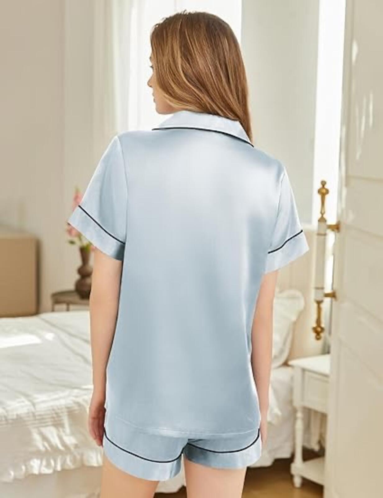 Satin Pajama Set Women 2 Piece Short Sleeve Button Down Shorts — Size L