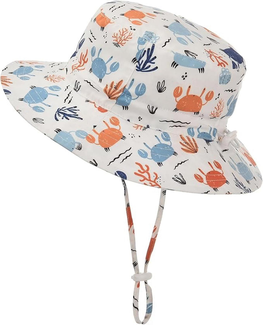 Kids Bucket Hat with Crab Print Adjustable Chin Strap White|Blue|Orange