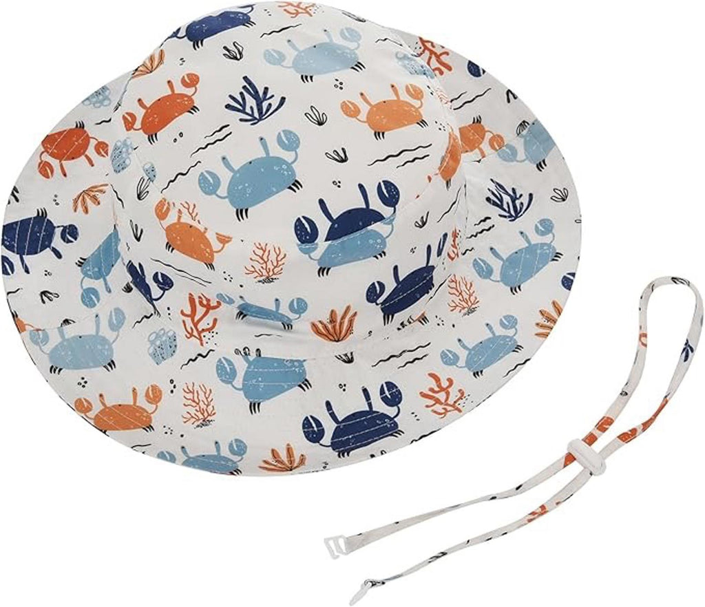 Kids Bucket Hat with Crab Print Adjustable Chin Strap White|Blue|Orange