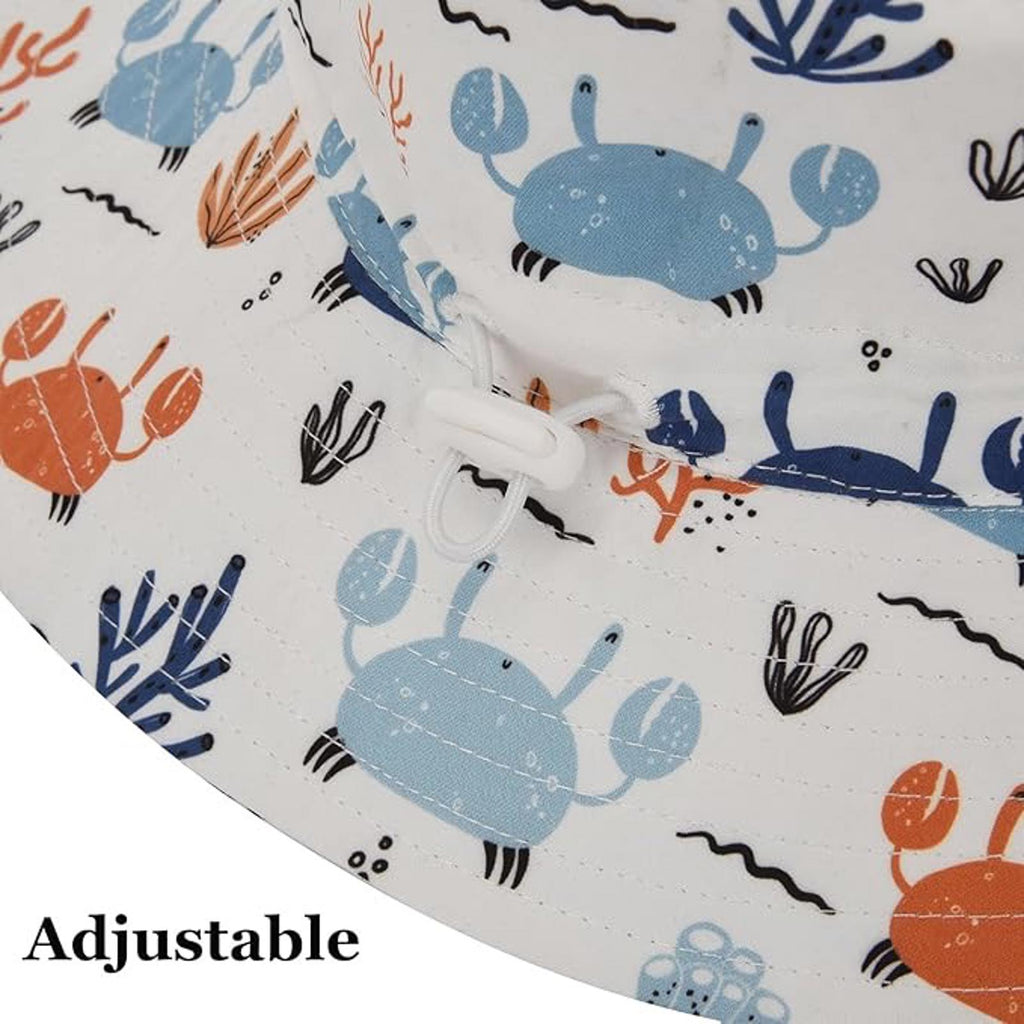 Kids Bucket Hat with Crab Print Adjustable Chin Strap White|Blue|Orange