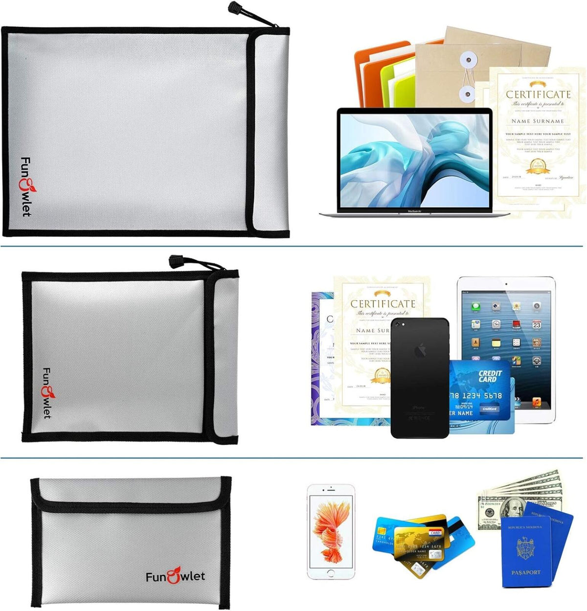 Fireproof & Waterproof Document Bag Set 3 Pack