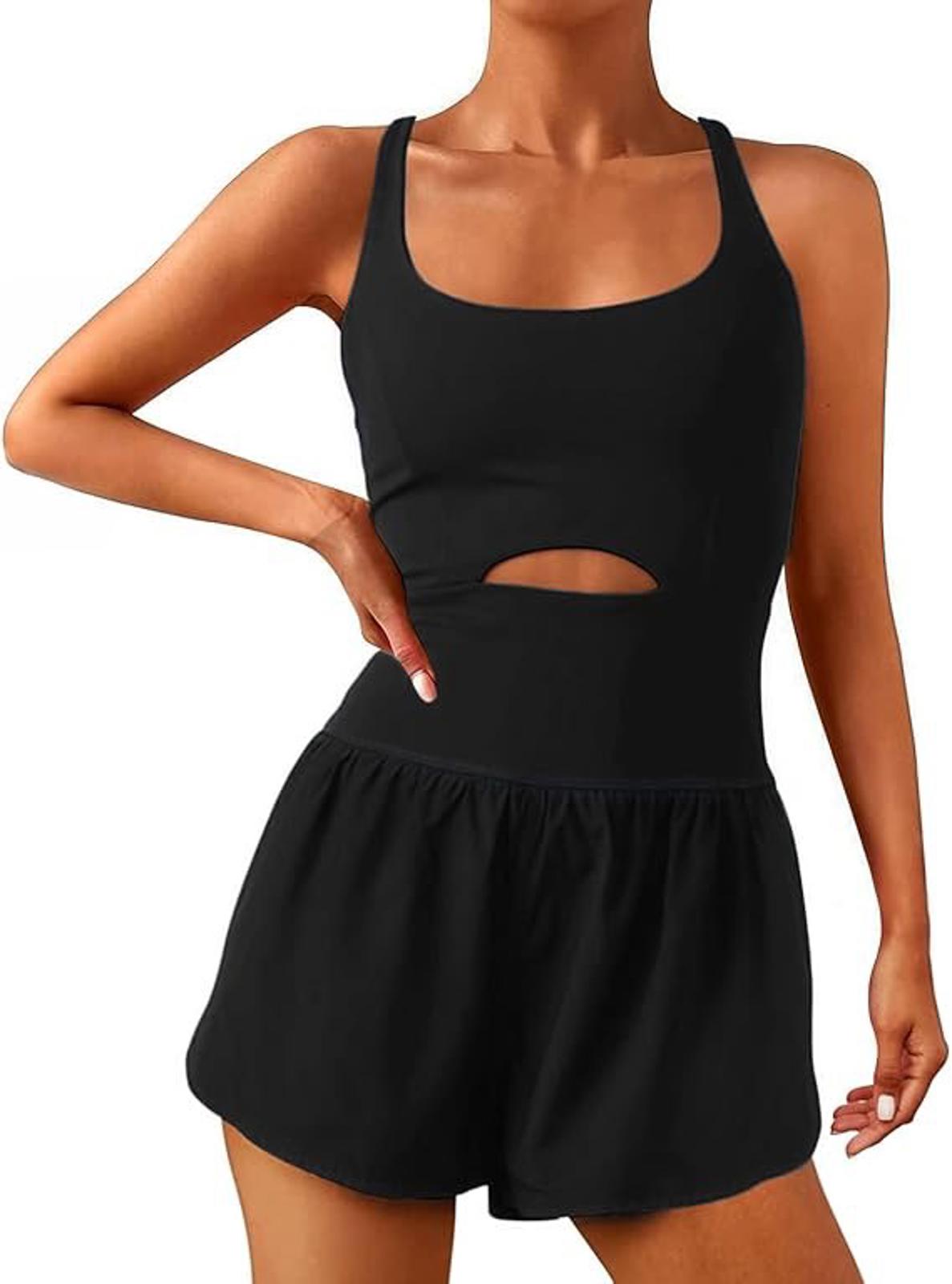 Wenlia Women's Workout Romper Black Built-In Bra & Shorts- Sz MEDIUM
