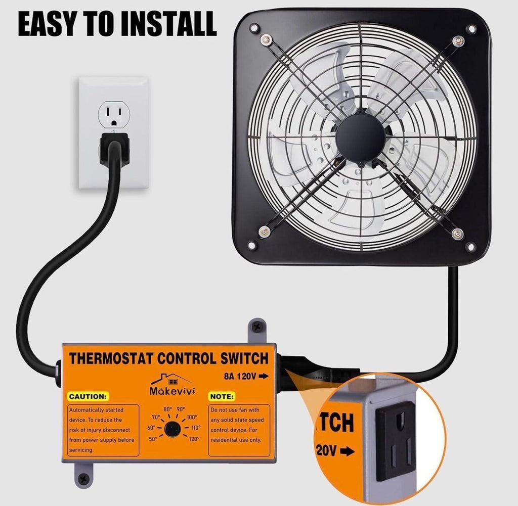 Attic Fan Thermostat Control 120V Adjustable Temp with Plug In Socket