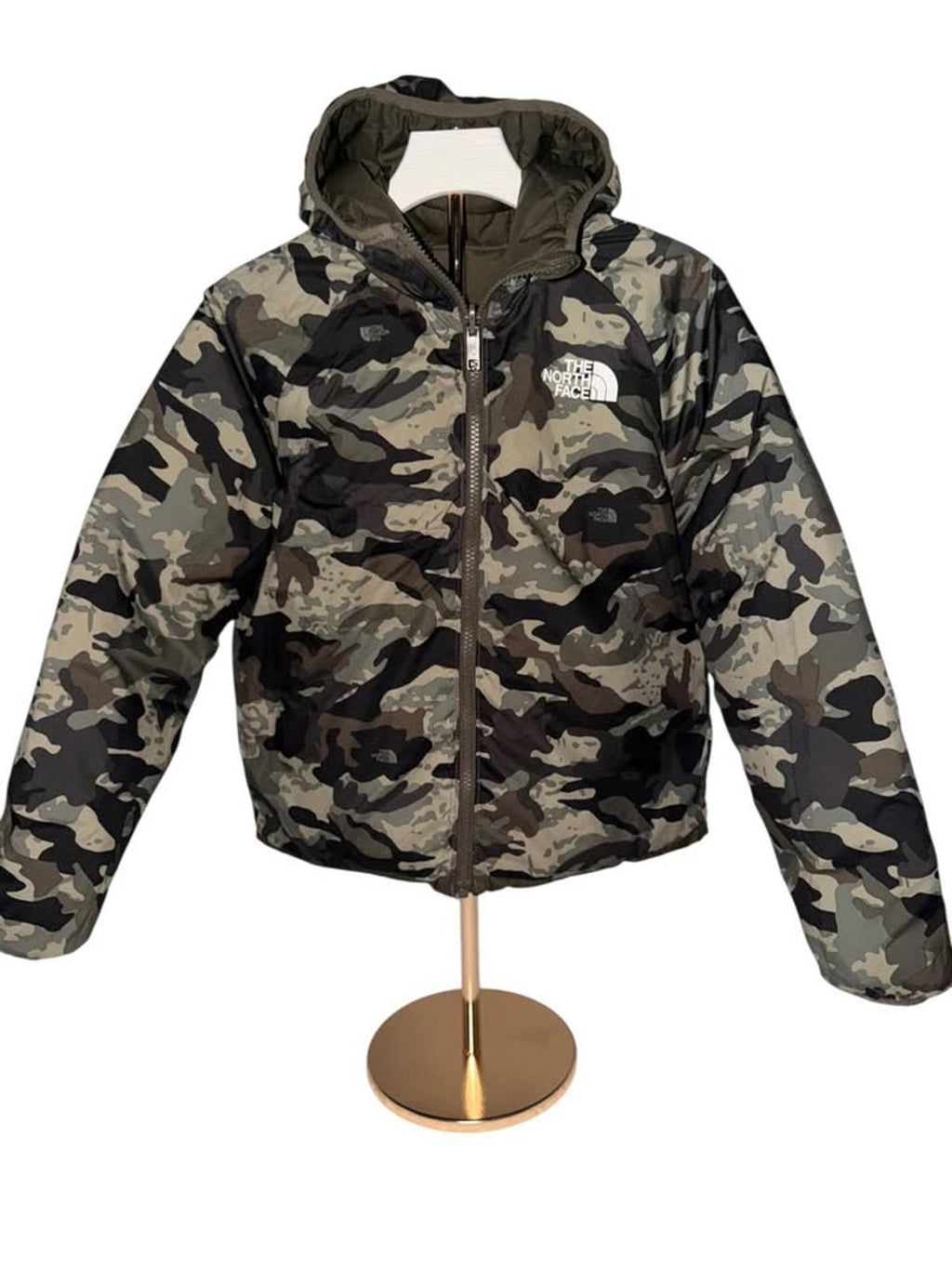 The North Face Boys Hooded Puffer Jacket Olive Green Camo Lining Size M