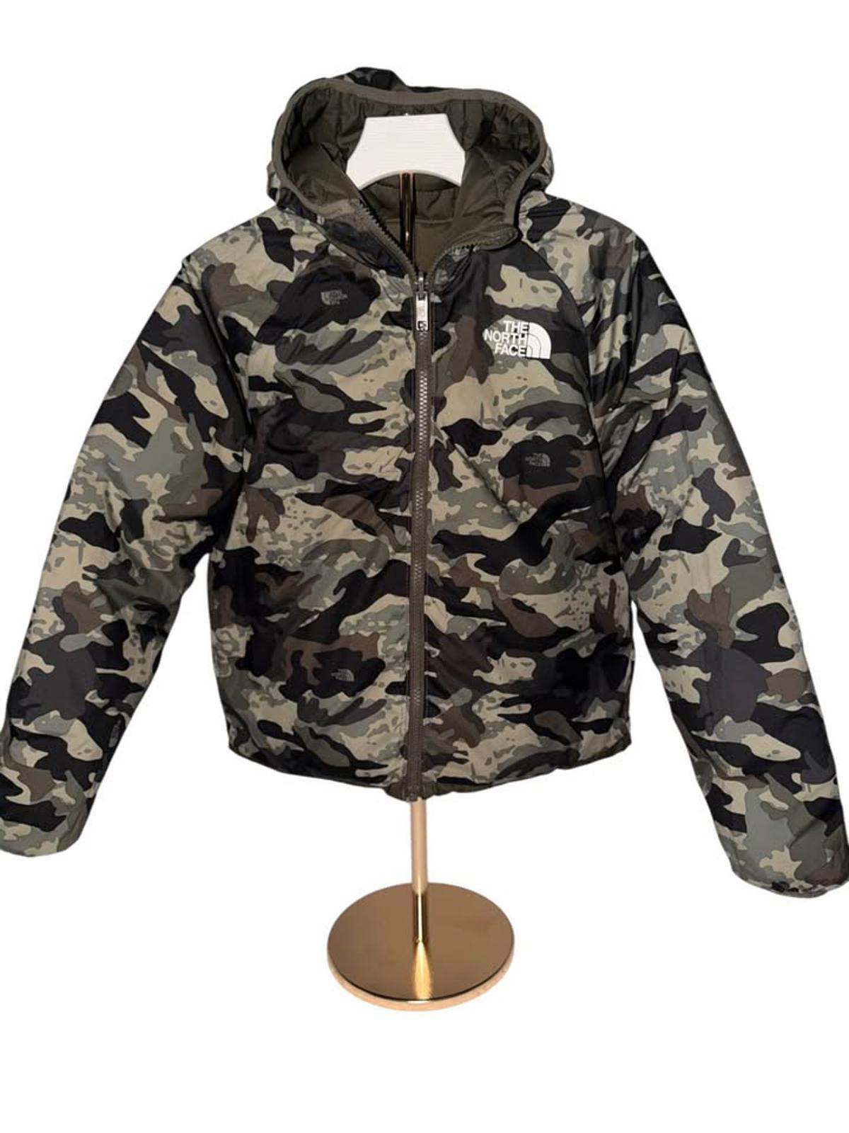 The North Face Boys Hooded Puffer Jacket Olive Green Camo Lining Size M