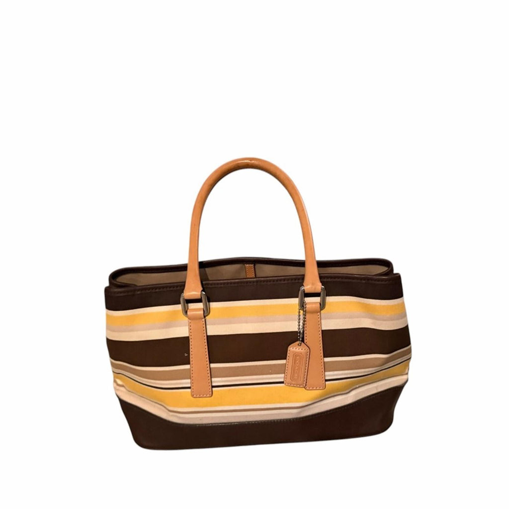 Coach Striped Tote Bag Brown Tan Yellow Leather Trim Signature Canvas Handbag