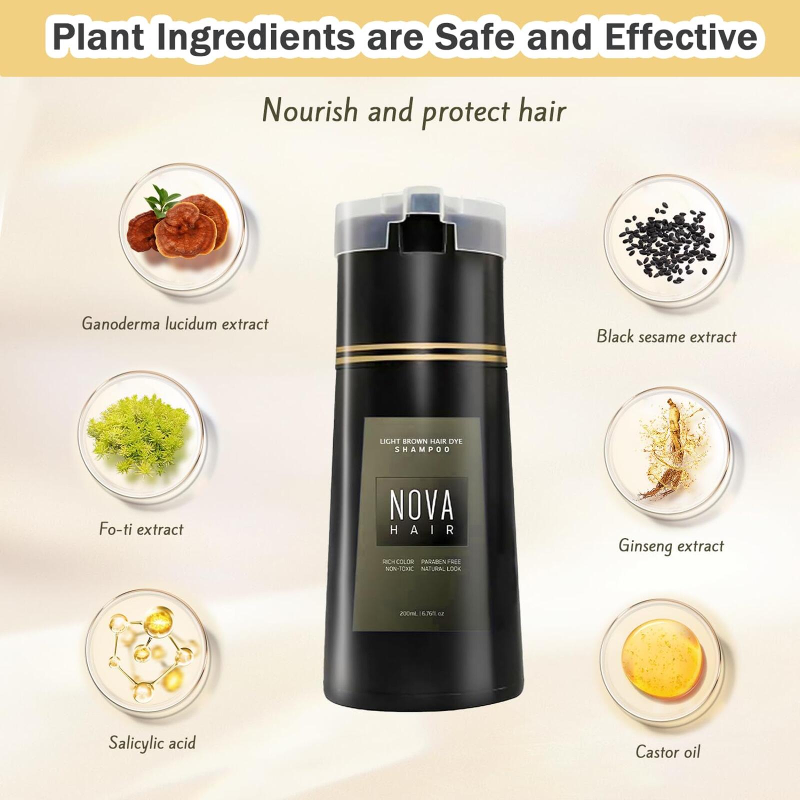 Nova Hair Dye Shampoo 3-in-1 Gray Coverage Men & Women Black