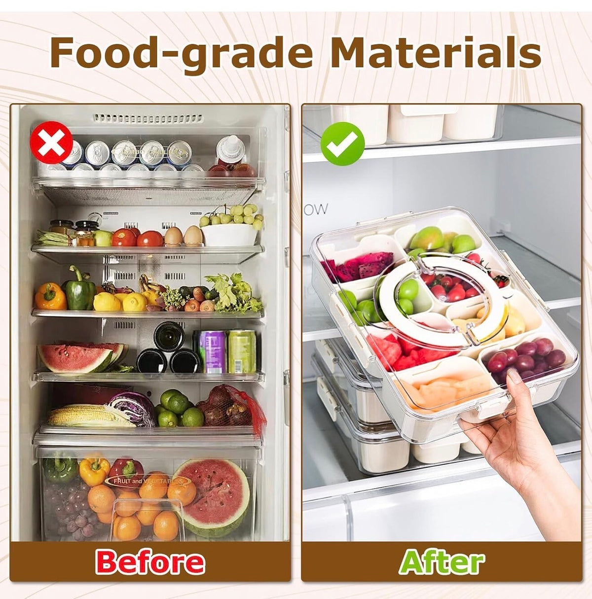 Clear divided snack box with lid and handle, 8 compartments