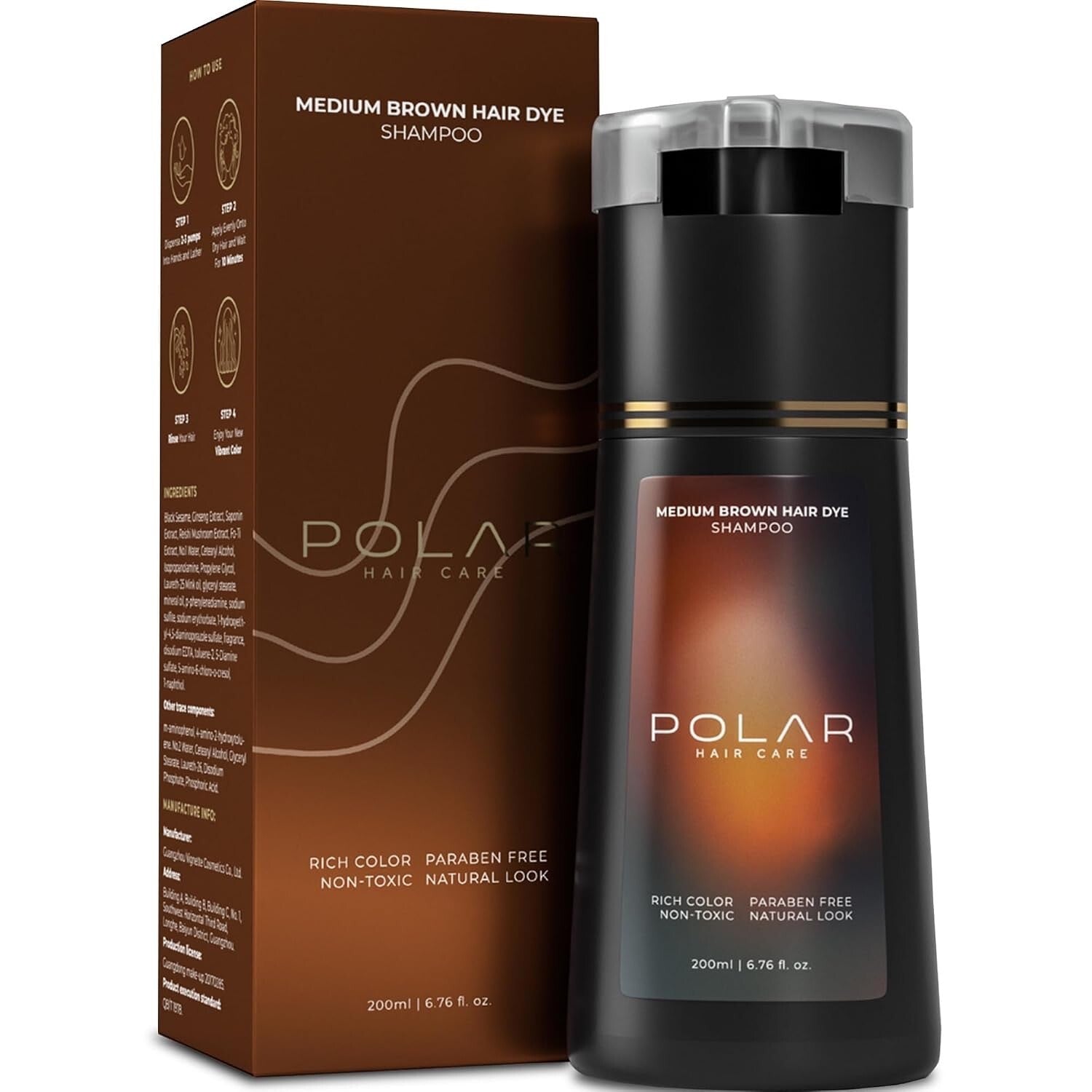Polar Medium Brown Hair Dye Shampoo 3-in-1 Gray Coverage Men Women 6.76 oz