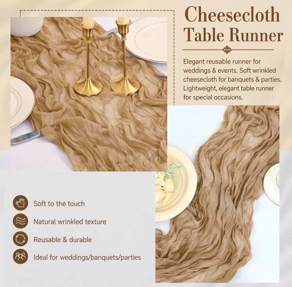 6 Pack Beige Cheesecloth Table Runner 17x108 Boho Wedding Gauze Decor