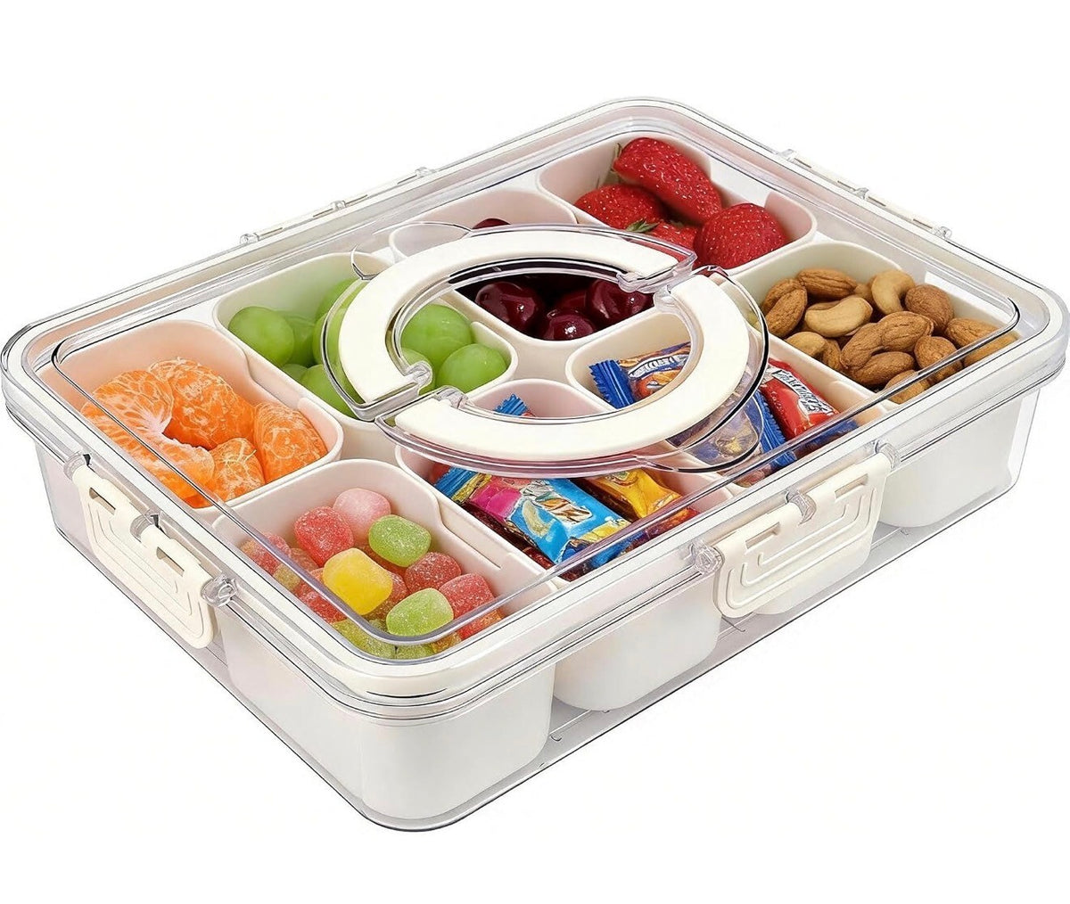 Clear divided snack box with lid and handle, 8 compartments