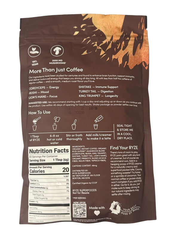 RYZE Mushroom Coffee 30 Servings Organic Instant Coffee New and sealed.