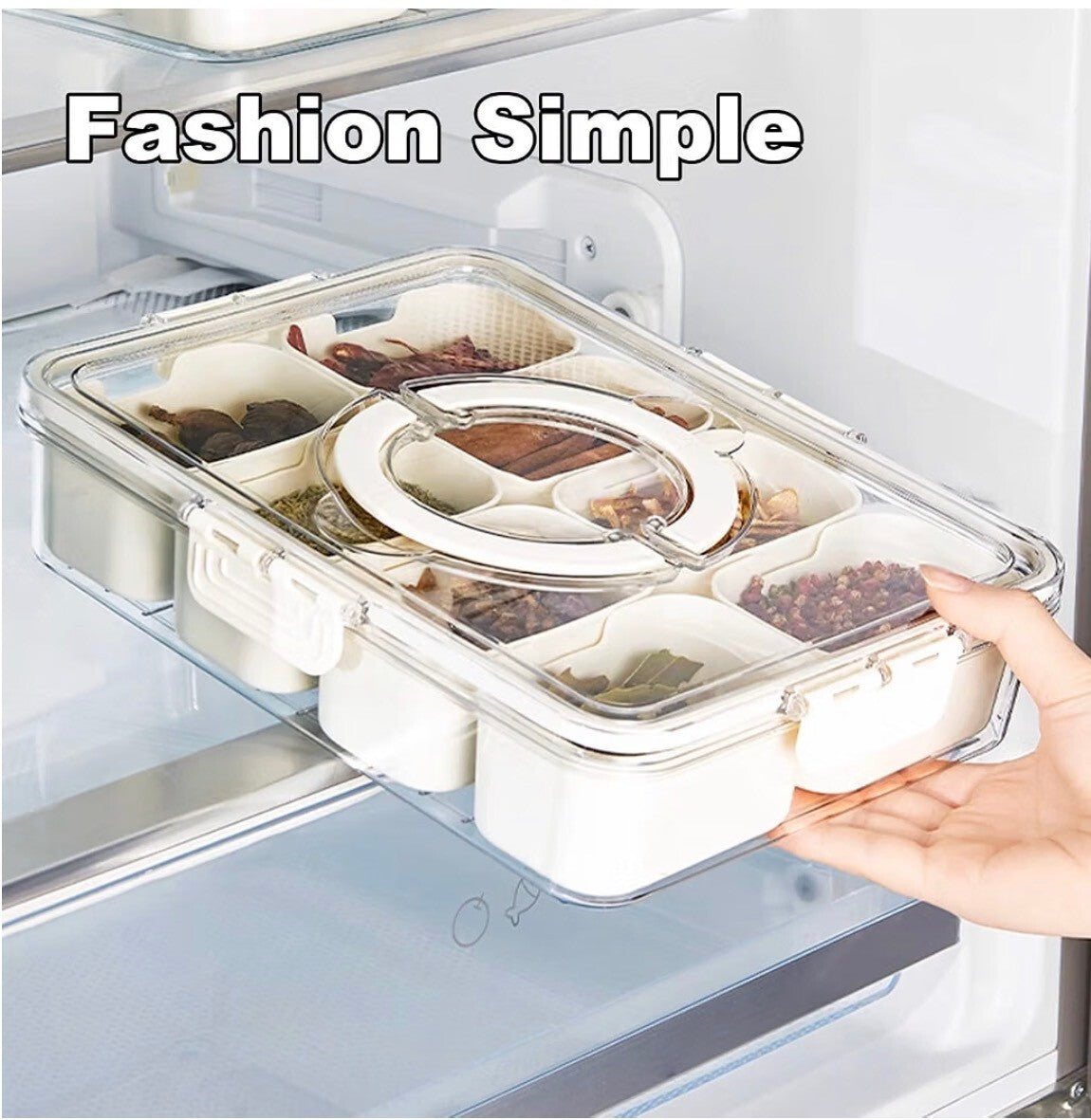 Clear divided snack box with lid and handle, 8 compartments