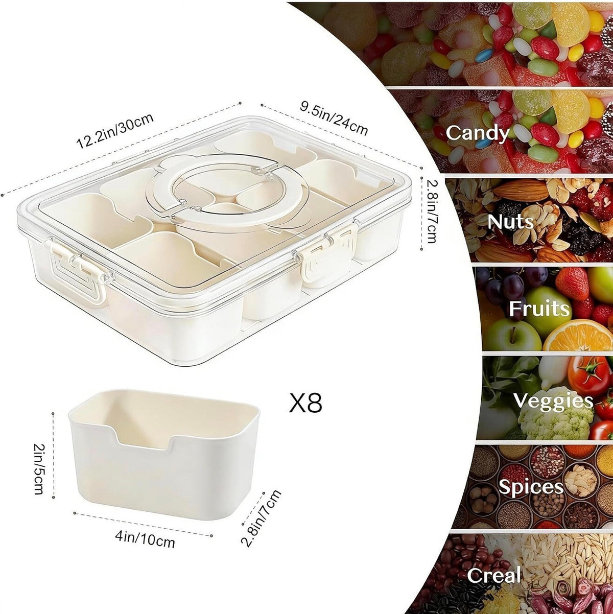 Clear divided snack box with lid and handle, 8 compartments