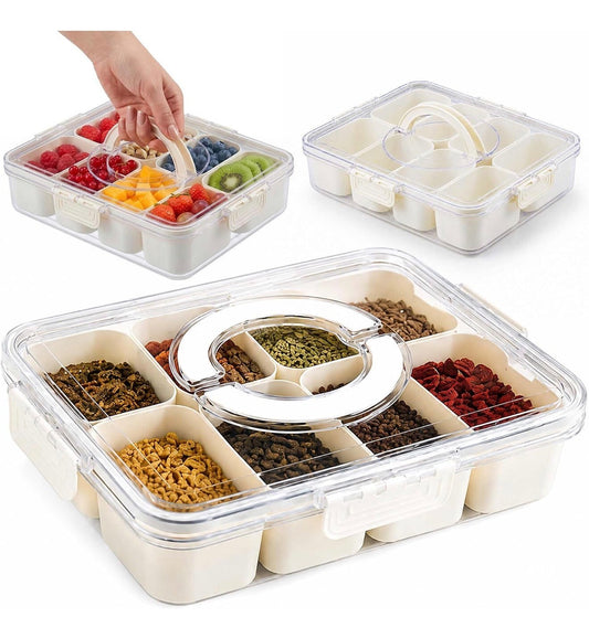 Clear divided snack box with lid and handle, 8 compartments