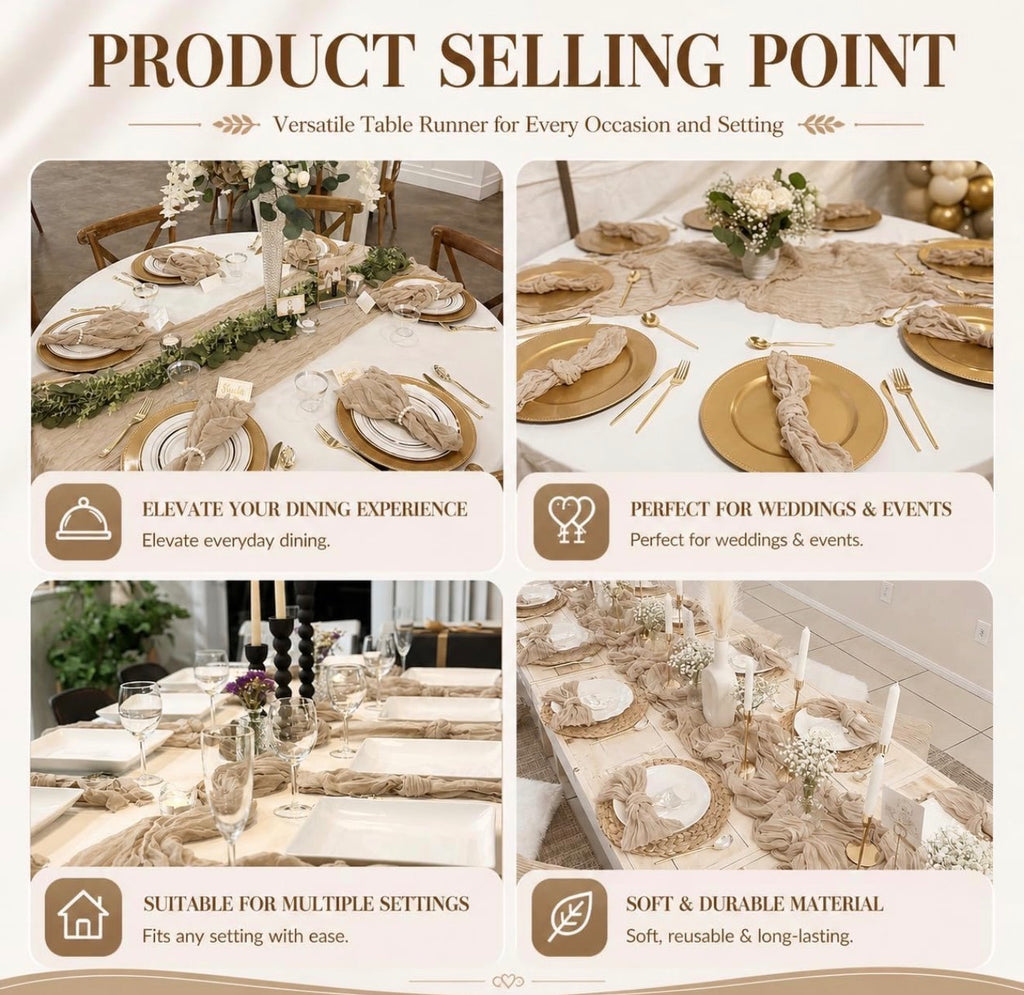 6 Pack Beige Cheesecloth Table Runner 17x108 Boho Wedding Gauze Decor