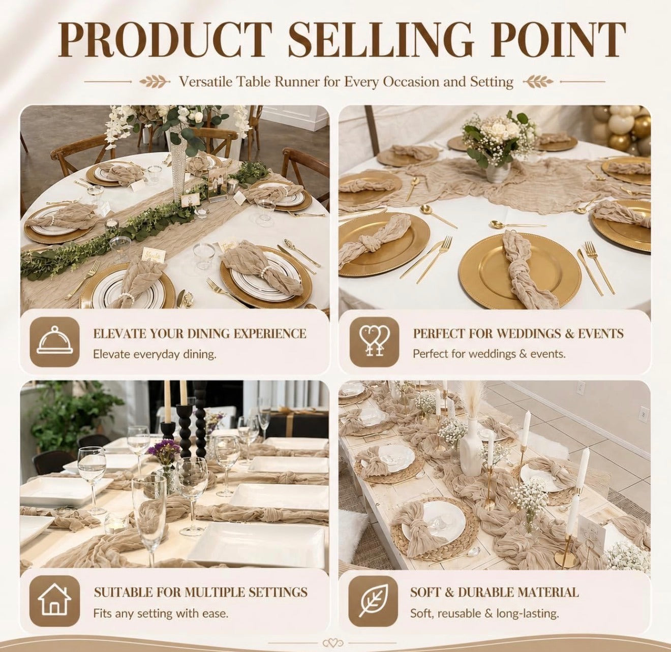 6 Pack Beige Cheesecloth Table Runner 17x108 Boho Wedding Gauze Decor