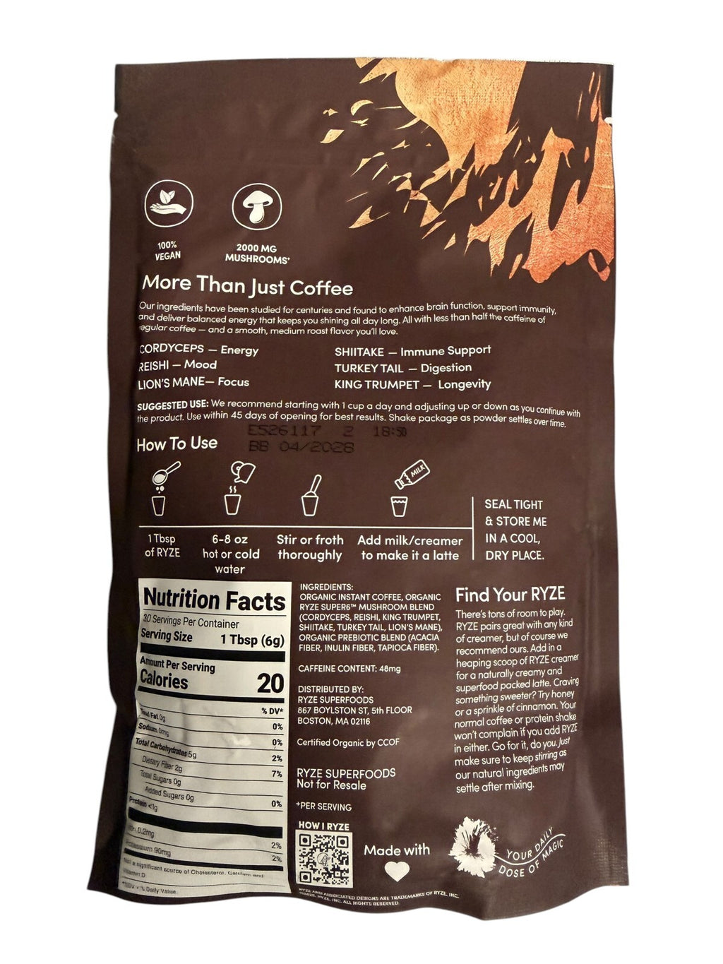 RYZE Mushroom Coffee 30 Servings Organic Instant Coffee New and sealed.
