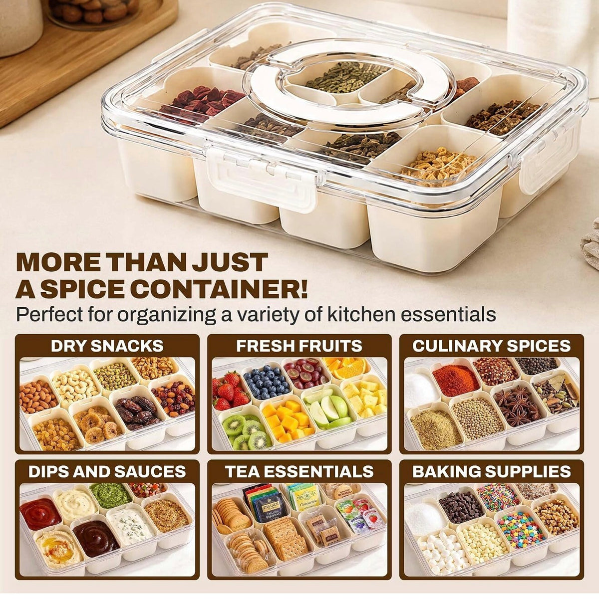 Clear divided snack box with lid and handle, 8 compartments