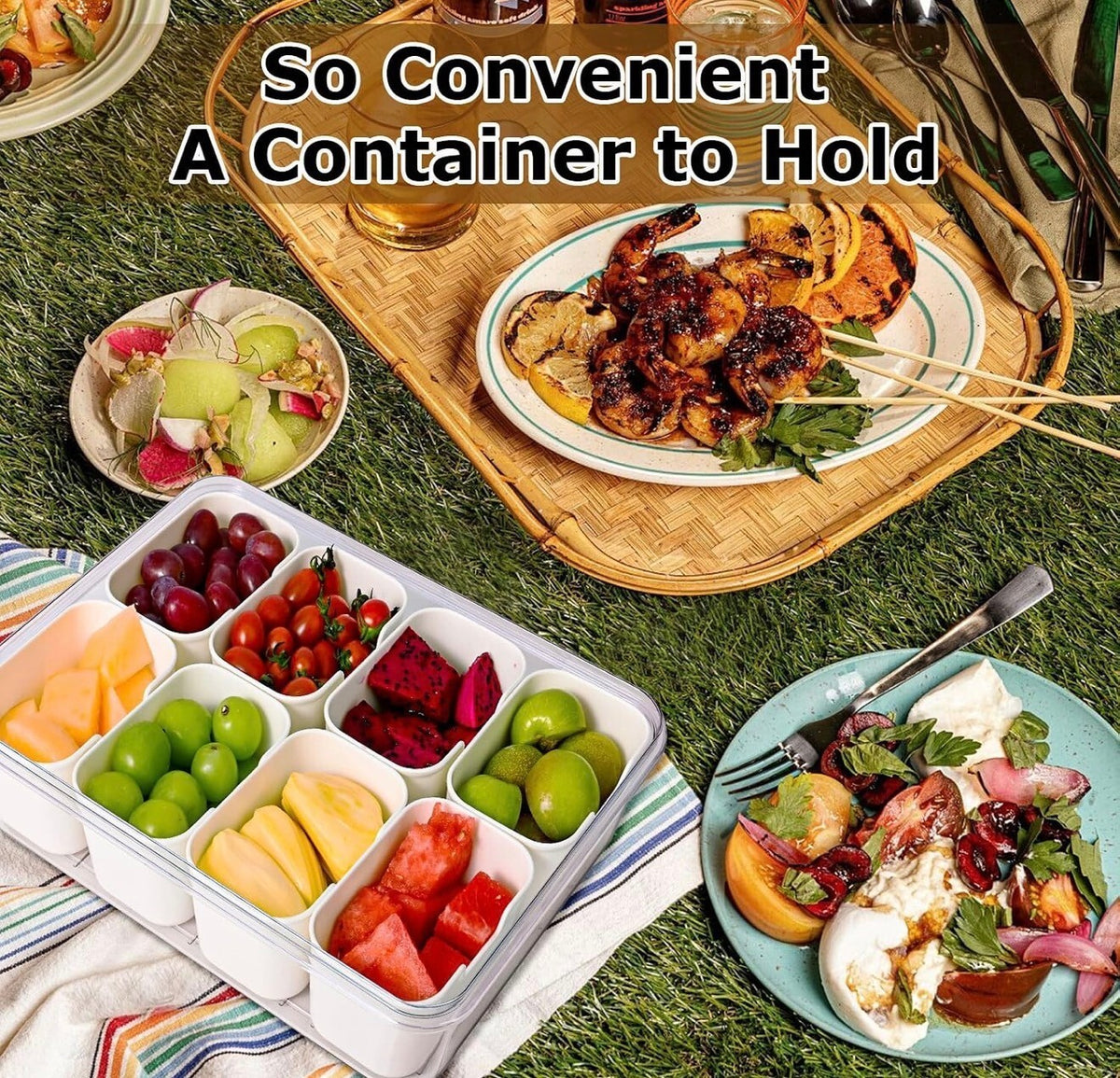 Clear divided snack box with lid and handle, 8 compartments