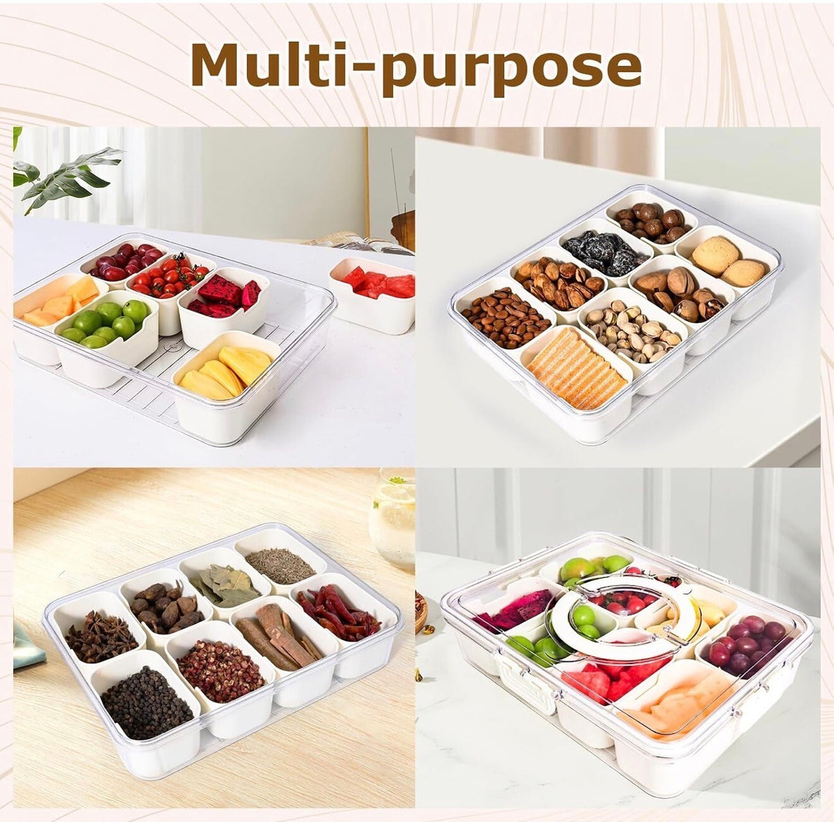 Clear divided snack box with lid and handle, 8 compartments