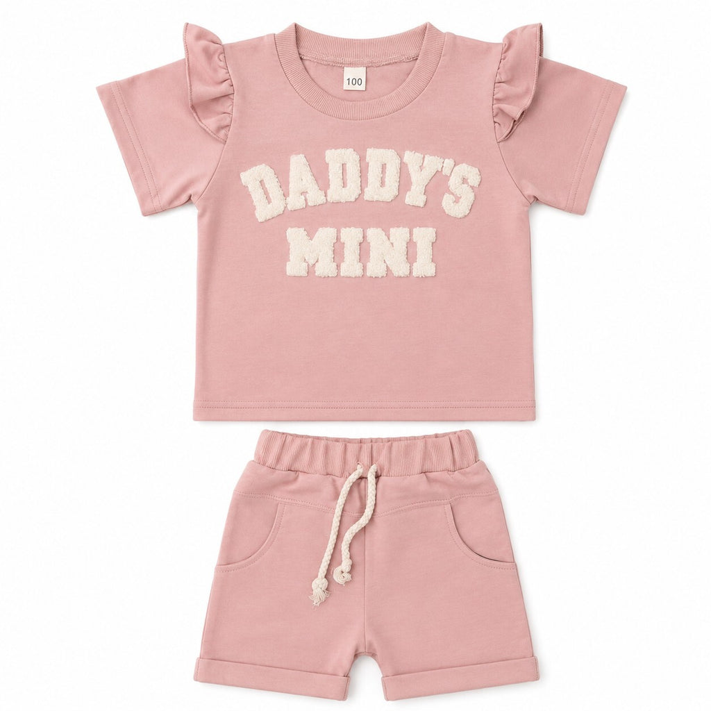 Daddy's Mini Baby Girl 2 Piece Set Ruffle Tee Shorts Dusty Pink Size 100 2T-3T