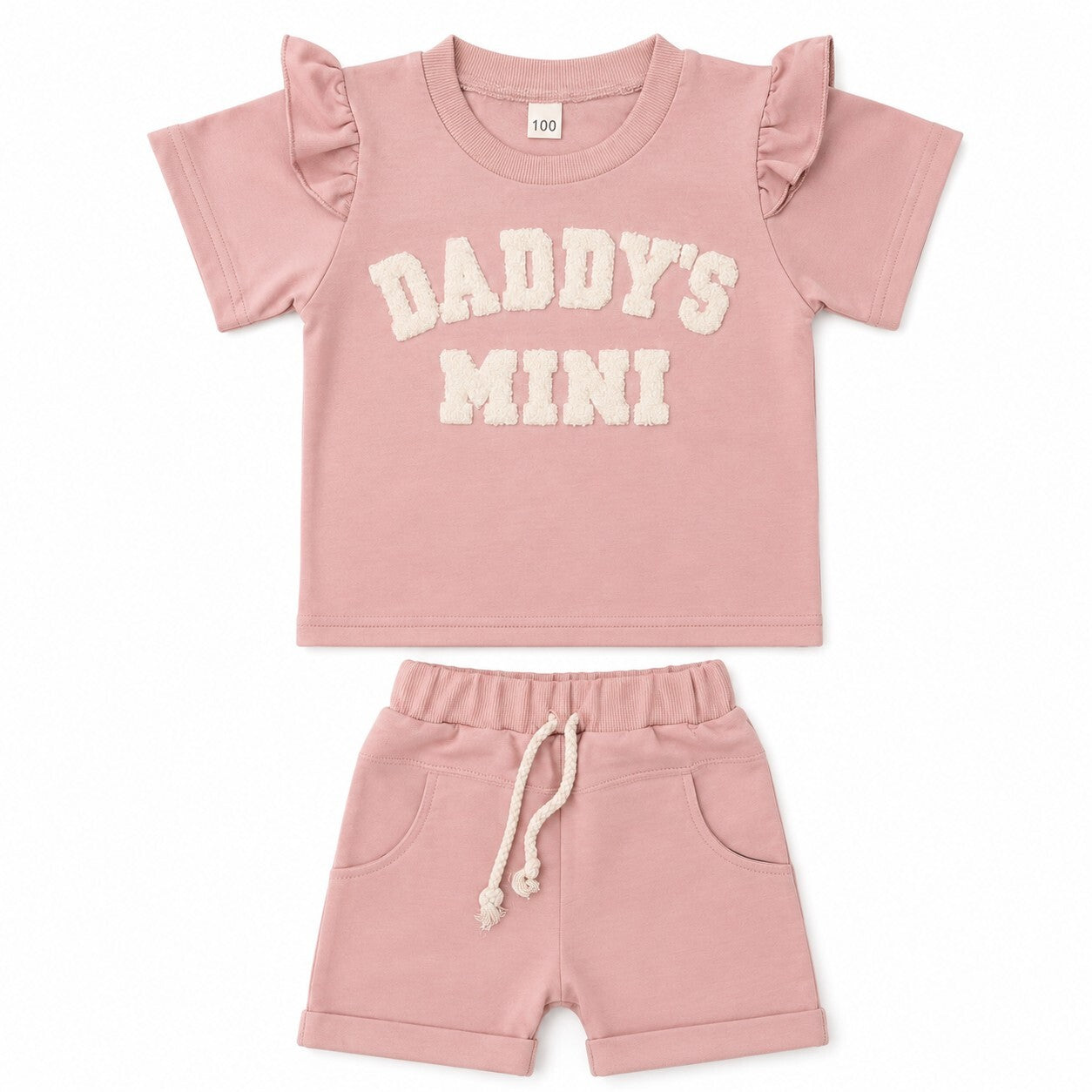 Daddy's Mini Baby Girl 2 Piece Set Ruffle Tee Shorts Dusty Pink Size 100 2T-3T