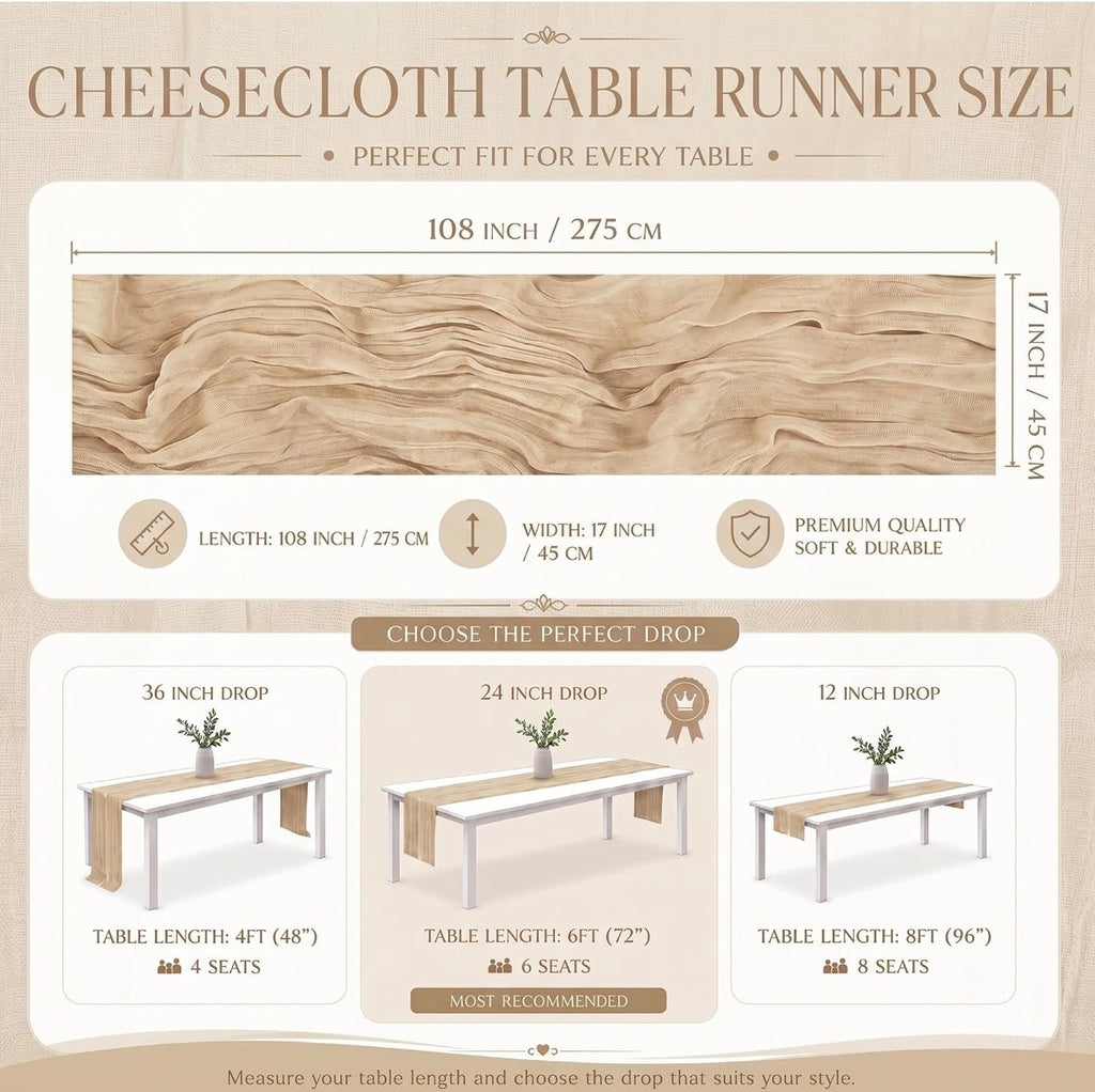 6 Pack Beige Cheesecloth Table Runner 17x108 Boho Wedding Gauze Decor