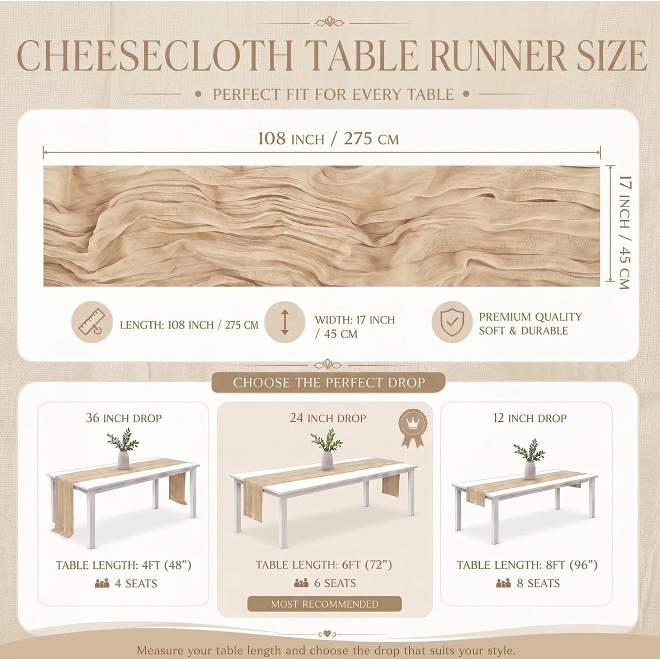6 Pack Beige Cheesecloth Table Runner 17x108 Boho Wedding Gauze Decor