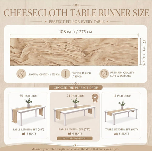 6 Pack Beige Cheesecloth Table Runner 17x108 Boho Wedding Gauze Decor