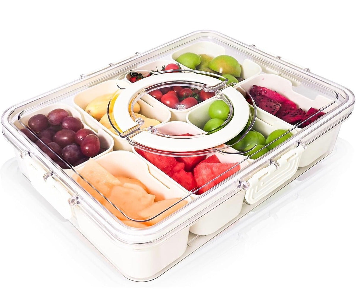Clear divided snack box with lid and handle, 8 compartments