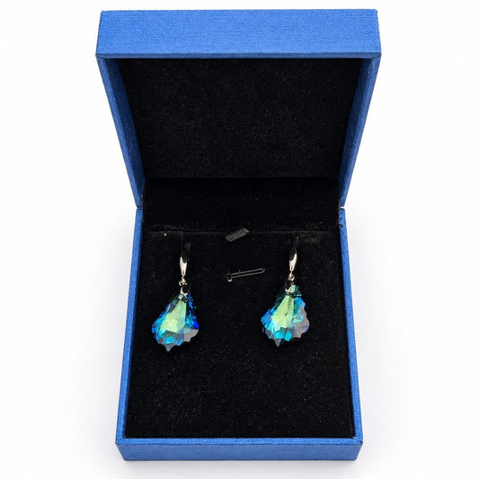 Blue green crystal drop earrings with silver tone hooks