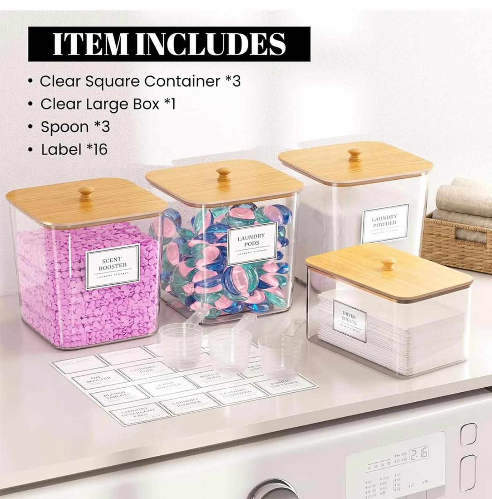 4-Piece Clear Laundry Storage Set — Containers + Dryer Sheet Holder + Labels