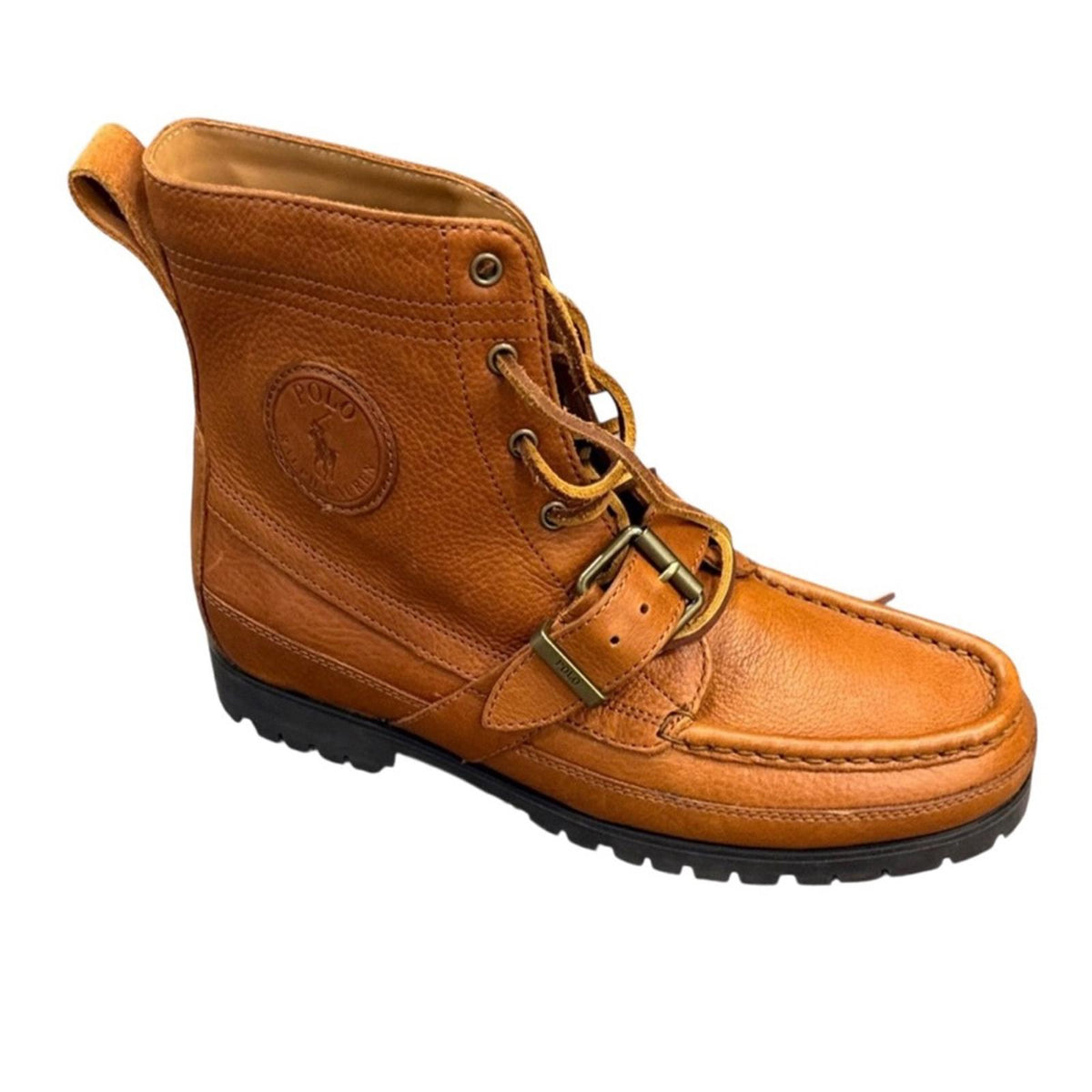 Polo Ralph Lauren men's buckle moc toe lace up boot in cognac, size 9