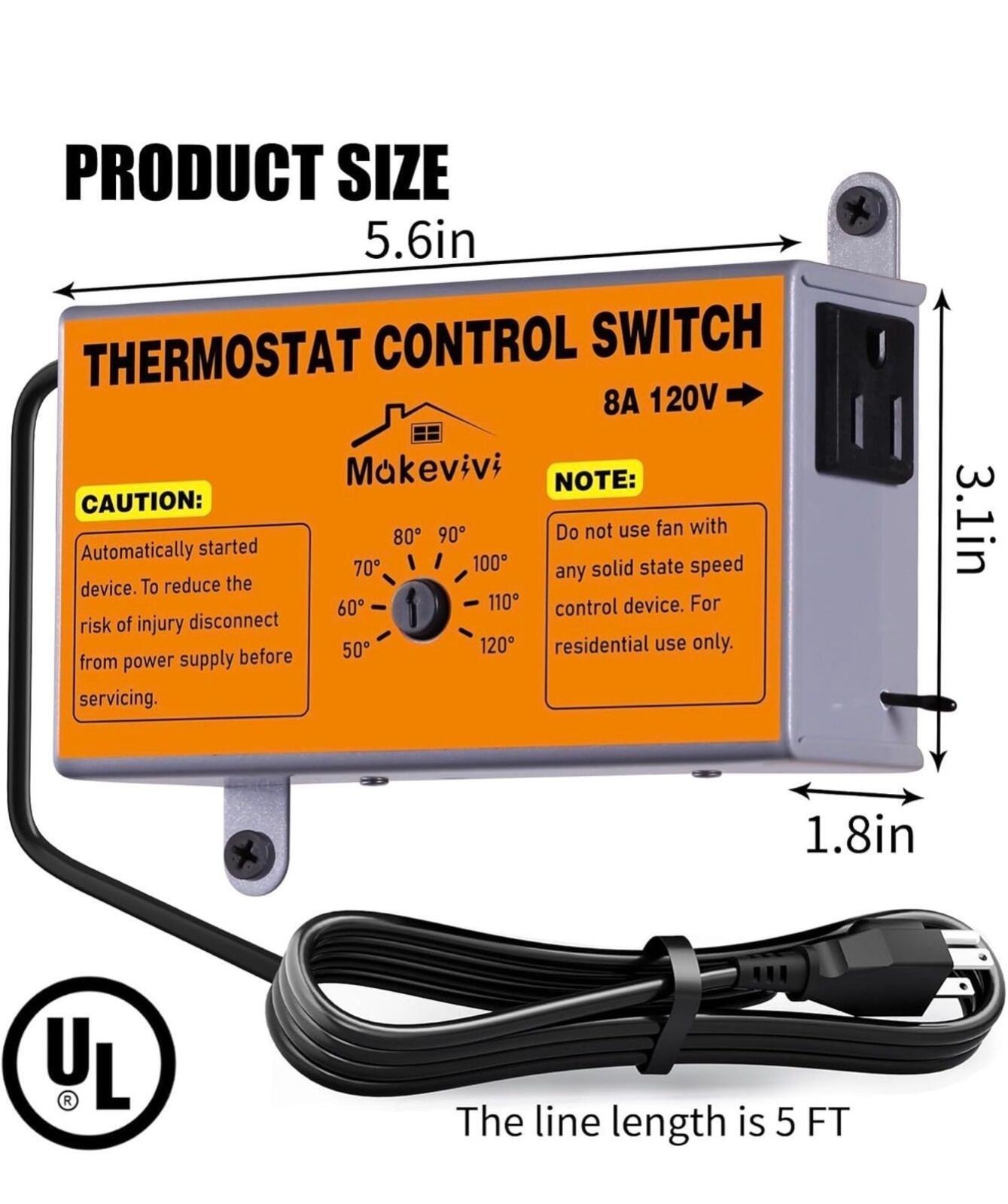 Attic Fan Thermostat Control 120V Adjustable Temp with Plug In Socket