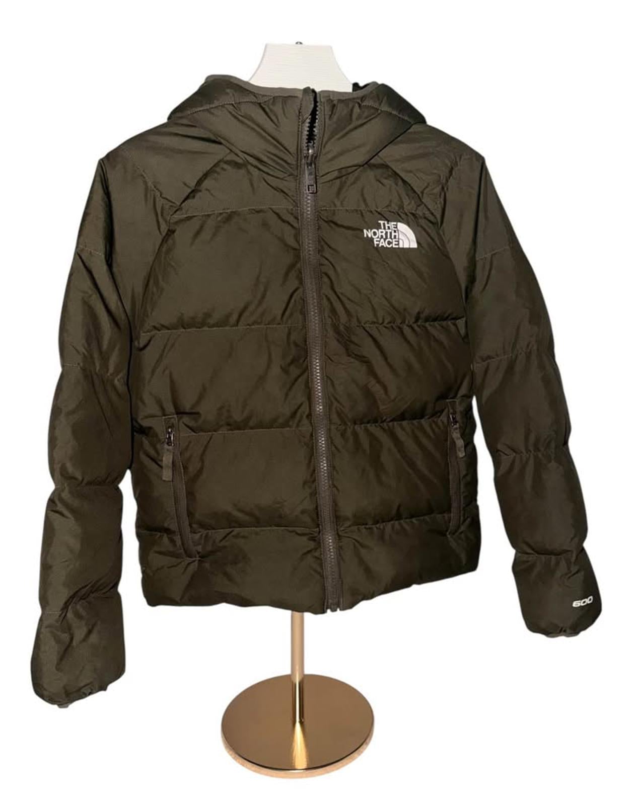 The North Face Boys Hooded Puffer Jacket Olive Green Camo Lining Size M