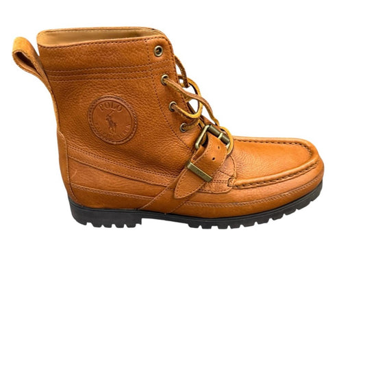 Polo Ralph Lauren men's buckle moc toe lace up boot in cognac, size 9
