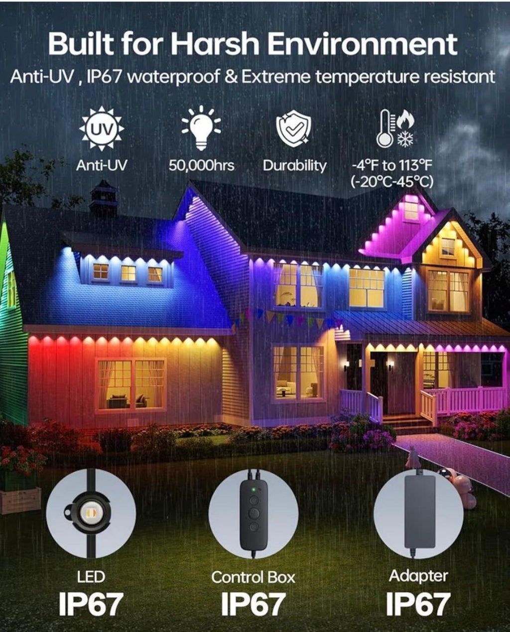 ASAHOM 100ft Permanent Outdoor LED Lights Multi-Color Smart App Control