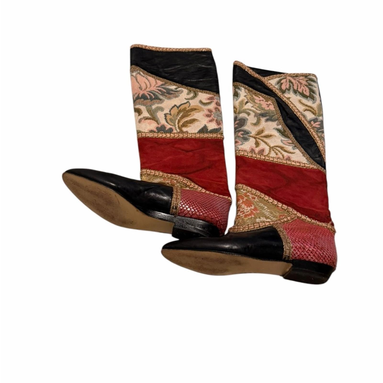 Raffaele Giardini Patchwork Leather Boots Vintage Designer Pointed Toe Statement